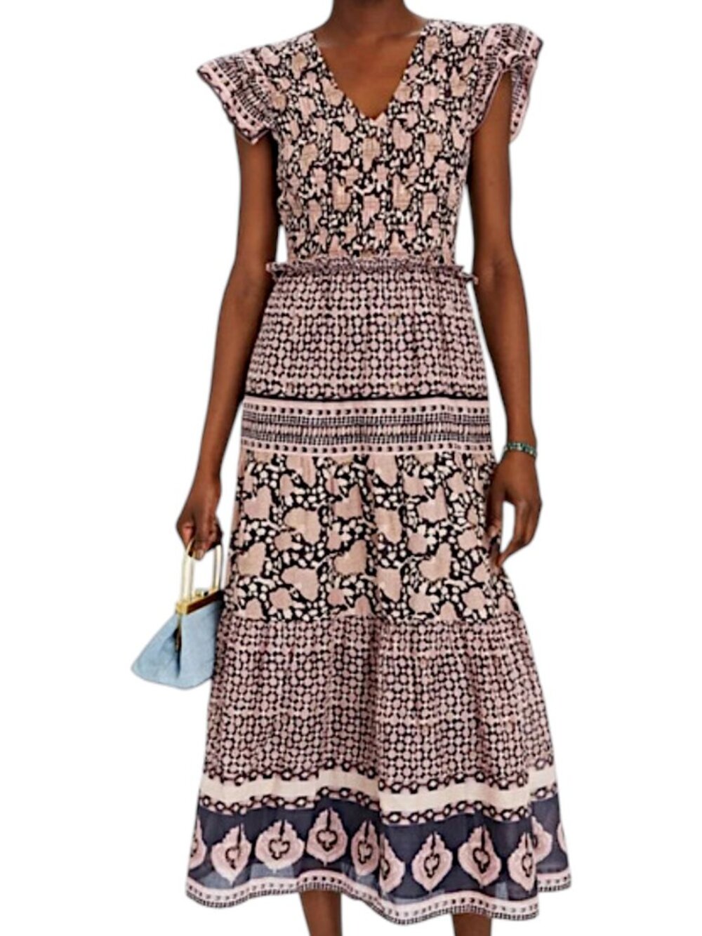 SEA NEW YORK Margo Smocked Midi Dress Floral Pink Women's Size 4